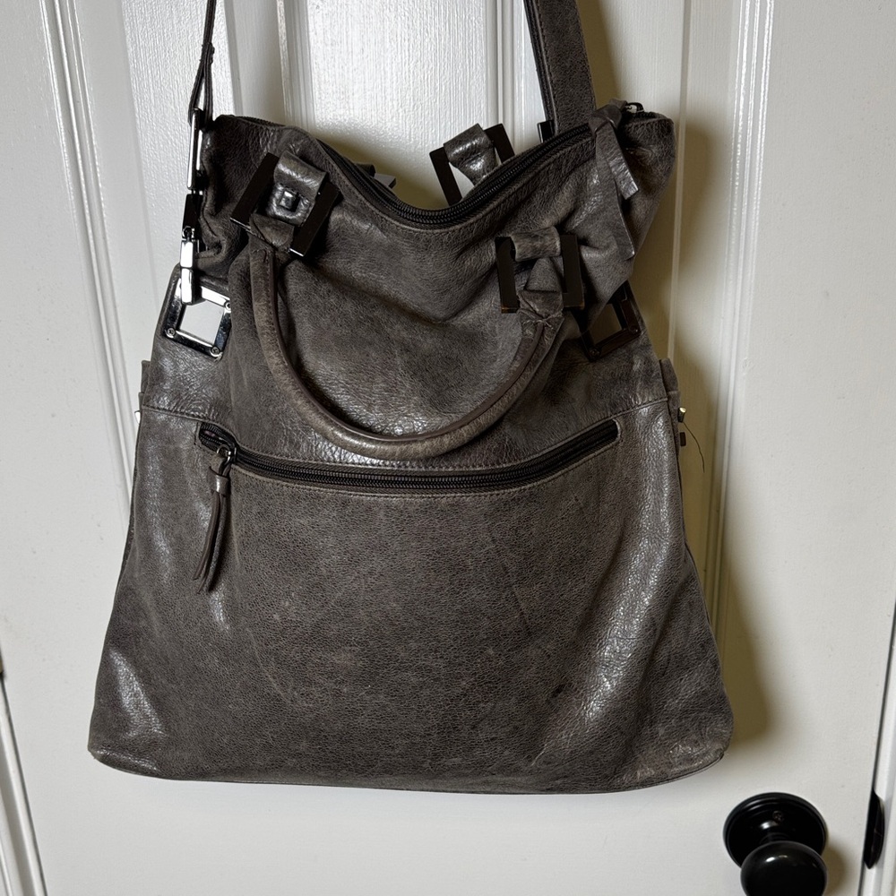 Helen Welsh Metallic Gray Leather Convertible Shoulder Crossbody Tote π - Picture 9 of 16
